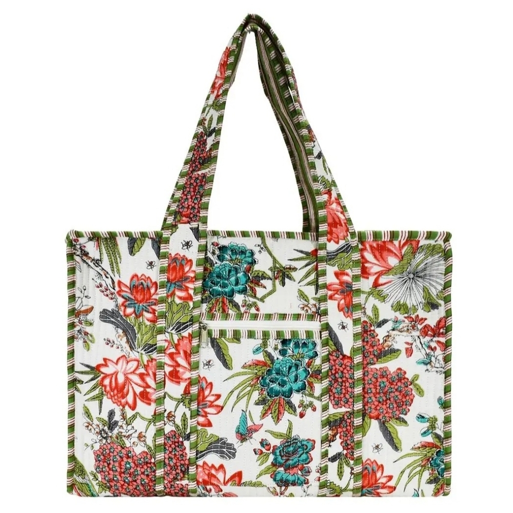 Floral Quilted Tote Bag - White with Green & Coral Accents